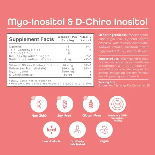 Miniatura 8 de kindnature Gomitas de mio-inositol y D-Chiro inositol para mujeres, 2000 mg + 50 mg, proporción ideal 40:1, con vitamina D y folato, equilibrio