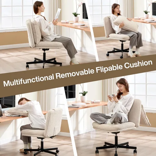 Miniatura 4 de Fizzin Silla cruzada sin brazos, con ruedas cruzadas, asiento de espuma viscoelástica con cojín de respaldo abatible, silla giratoria de respaldo