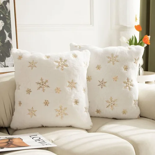 LIGICKY Juego de 2 fundas de almohada de piel sintética blanca esponjosa con copos de nieve de lentejuelas doradas, decorativas, suaves, peludas,