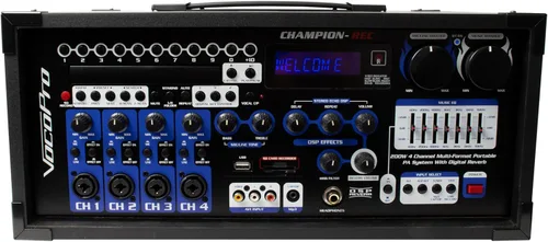 VocoPro Sistema de karaoke portátil todo en uno, XLR, 1/4 pulgada, RCA, Champion-Rec-200W 4-Ch PA con rec digital, 21.00 x 21.00 x 23.00