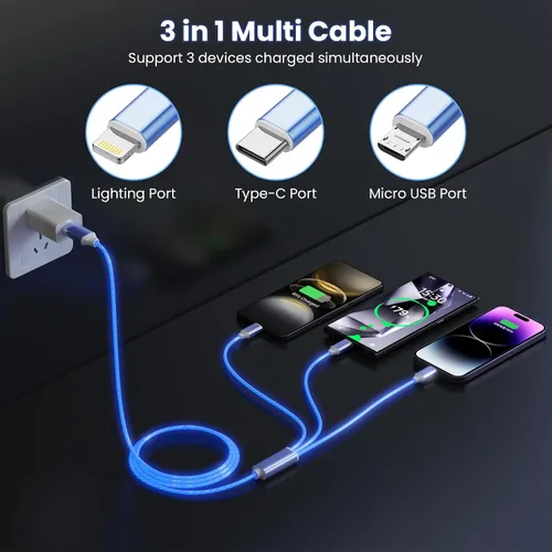 Miniatura 3 de Cable de carga con luz LED que fluye 3 en 1 Lightning/Type C/Micro USB brillante para automóvil para iPhone, cable de carga para automóvil azul