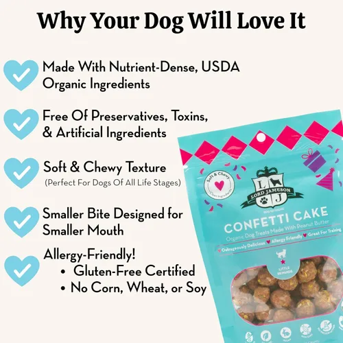 Miniatura 5 de Lord Jameson Confetti Cake Soft & Chewy - Golosinas orgánicas certificadas para perros de razas pequeñas, mantequilla de maní y coco, receta