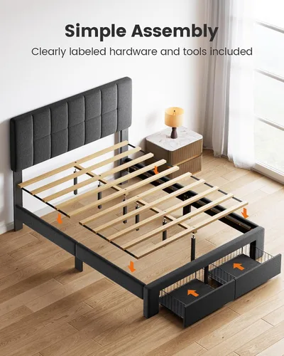 Miniatura 8 de Pipishell Marco de cama Full con 2 cajones de almacenamiento, 12 patas resistentes, base de cama de madera maciza con cabecera tapizada