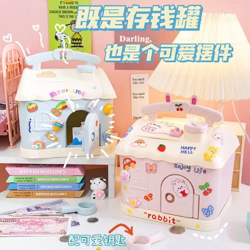 Miniatura 5 de Alcancía Kawaii con calcomanías y parches, banco de dinero Kawaii para papel y monedas, bonita caja de almacenamiento de artículos para la escuela
