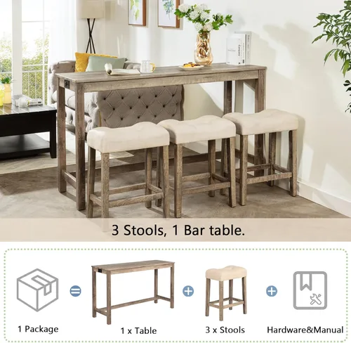 Miniatura 7 de Juego de mesa y sillas de barra de altura de mostrador de 4 piezas con toma de corriente, mesa de comedor rectangular estrecha con 3 taburetes