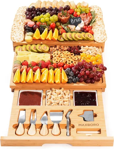 Miniatura 10 de Juego de tablas de charcutería extra grandes de 33.7 x 15.7 pulgadas, juego de tabla de queso y cuchillos 100% de bambú, bandeja de plato de queso