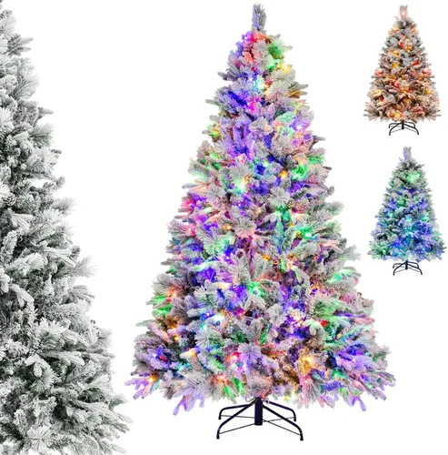 Miniatura 14 de DORTALA Árbol de Navidad flocado preiluminado de 6 pies, árbol de Navidad artificial con bisagras con 500 luces LED blancas frías, control remoto, 3