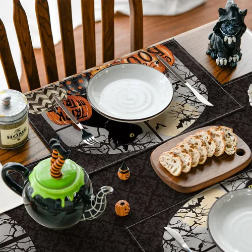 Miniatura 3 de Artoid Mode Boo - Juego de 4 manteles individuales de Halloween con diseño de calabazas de gato negro, 12 x 18 pulgadas, para decoración de fiestas