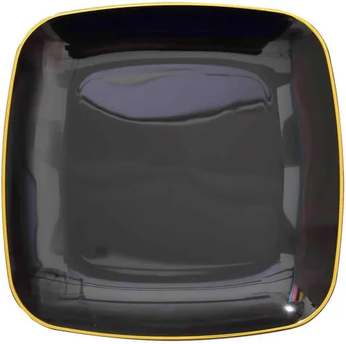 Miniatura 7 de Efavormart - Paquete de 10 platos cuadrados de plástico para postre de 7 pulgadas, color negro con borde dorado, platos desechables para ensalada