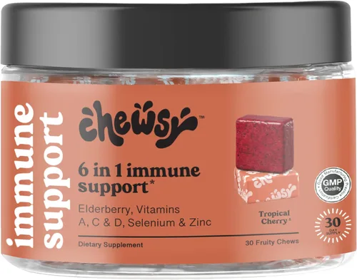 Miniatura 8 de Chewsy - Masticables afrutados de apoyo inmunológico 6 en 1 con saúco - Vitamina C, A y D, zinc y selenio - Envueltos individualmente - Suministro