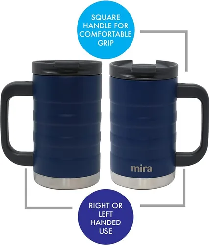 Miniatura 6 de MIRA Taza de café aislada de 14 onzas con asa, termo de acero inoxidable con tapa segura, taza para bebidas calientes y frías, azul almirante
