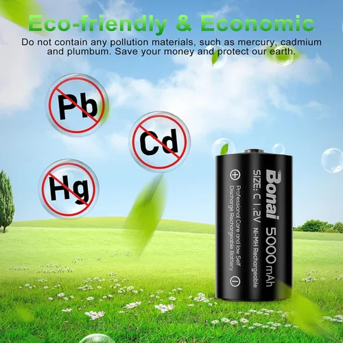 Miniatura 5 de BONAI Baterías C recargables, células C 5000mAh 1.2V Ni-MH de alta capacidad de tamaño C (paquete de 4)