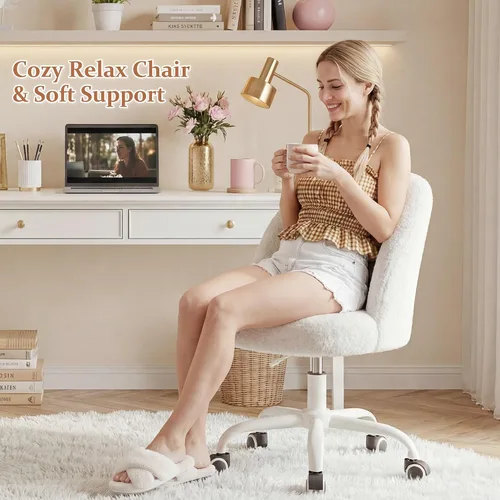 Miniatura 5 de DurayLoly - Silla de tocador, silla de maquillaje de vellón suave con ruedas silenciosas, altura ajustable y giro de 360°, diseño sin brazos que