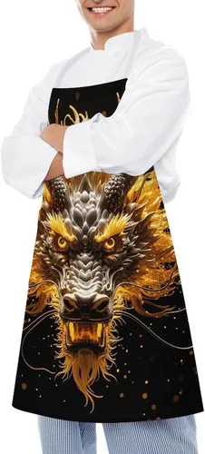 Miniatura 4 de MUSM Apron for Adults - 27.6 X 31.5 Inch, Heavy-Duty Polyester Aprons with Two Large Pockets, Waterproof Golden Dragon Head Kitchen Apron for