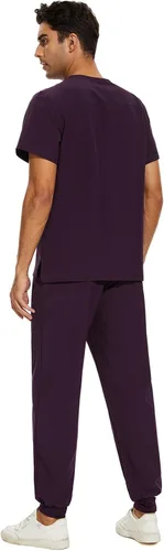 Miniatura 2 de COZYFIT Conjunto de ropa quirúrgica para hombre camiseta elástica con cuello en V y pantalón deportivo con 8 bolsillos, cintura de yoga, ropa