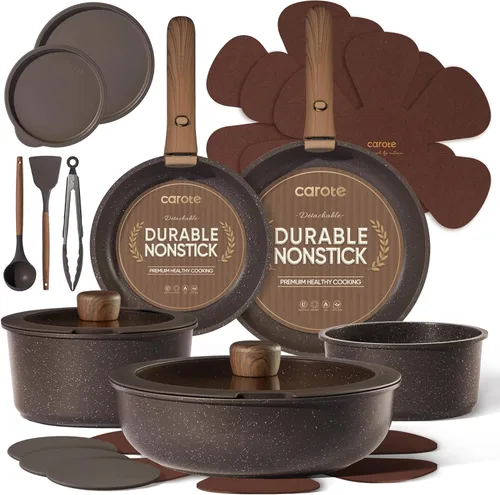 CAROTE Juego de 17 piezas de ollas y sartenes antiadherentes con mango desmontable, juego de utensilios de cocina antiadherentes, juego de cocina