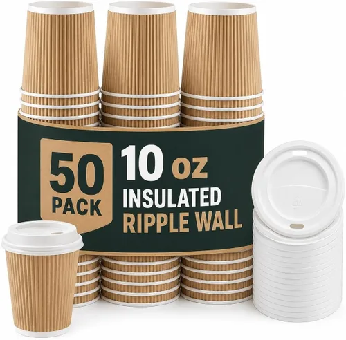 Miniatura 9 de Tazas de café desechables con tapas, tazas de papel de 10 onzas, pared ondulada aislada, paquete de 50
