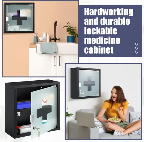 Miniatura 6 de Timgle Armario de pared de primeros auxilios con cerradura para medicamentos montado en la pared del baño, gabinete médico colgante con puerta