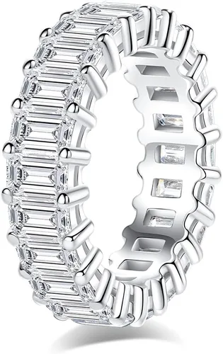 AnuClub Anillo de eternidad de moissanita, corte redondoesmeralda, 5 quilates, color D, creado en laboratorio, anillo de boda de plata de ley con