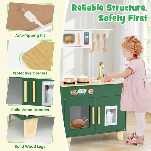 Miniatura 5 de Costzon Cocina de juego para niños, juego de cocina Little Chef con microondas, estufas, pomos de rotación, dispensador de hielo, grifo, fregadero