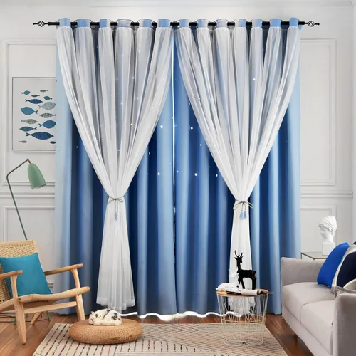 Miniatura 23 de Loyala Cortinas opacas de doble capa con diseño de estrellas para dormitorio de niños, bonitas, 63 pulgadas de largo, juego de 2 paneles, beige, 42