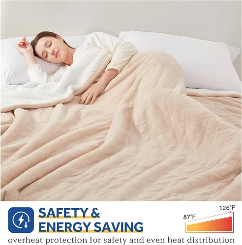 Miniatura 4 de Manta eléctrica SEALY tamaño King, manta térmica de franela y Sherpa con 10 niveles de calor y apagado automático de 1-12 horas, manta cálida
