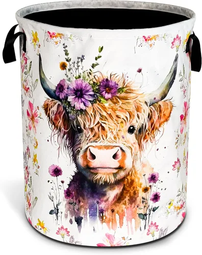 Cesta de lavandería plegable impermeable de vacas de las tierras altas de la marca NUTAINLA, con tela Oxford, divertida bolsa de lona, cesta de Vaca