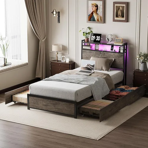 Miniatura 13 de VINGLI Base de cama LED Queen con 4 cajones de almacenamiento y estante de cabecera ajustable, plataforma de metal con estación de carga para niños