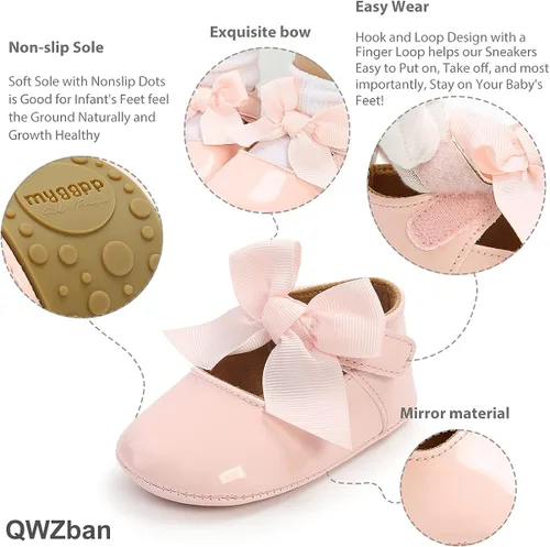 Miniatura 3 de QWZban Zapatos planos Mary Jane con Bownot antideslizante suela suave de piel sintética para recién nacidos, bebés, primeros caminantes