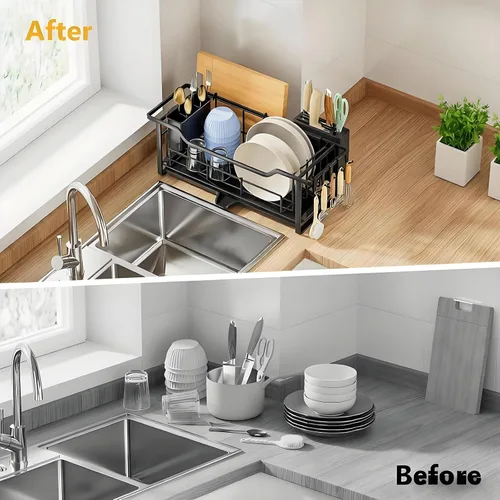 Miniatura 6 de AIDERLY Escurridor estrecho de platos para encimera de cocina, drenaje automático, escurridor de platos de hierro con cesta extraíble