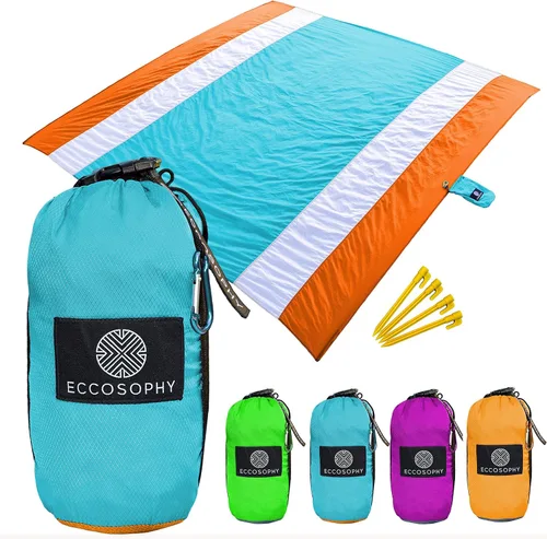 ECCOSOPHY Manta de playa a prueba de arena, alfombra de playa de gran tamaño sin arena, 9 x 10 pies, manta ligera de picnic al aire libre anclada