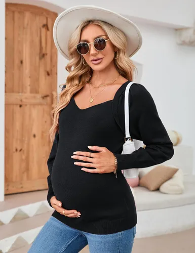 Miniatura 3 de KOJOOIN Tops de maternidad para mujer, suéteres casuales con cuello en V, manga larga abombada, punto acanalado, para otoño, embarazo, babydoll