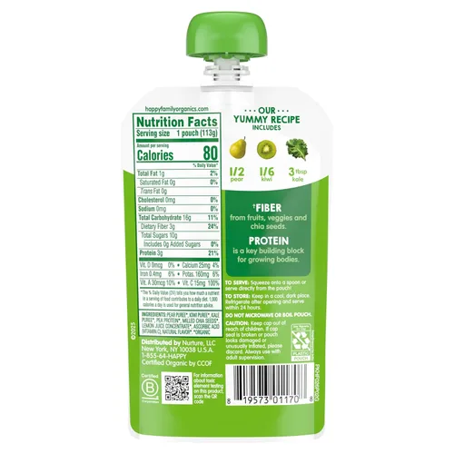 Miniatura 8 de Happy Tot Organics - Puré de frutas y verduras con fibra y proteína, sin gluten, vegano, snack, etapa 4, bolsas de comida para bebé, peras, kiwi