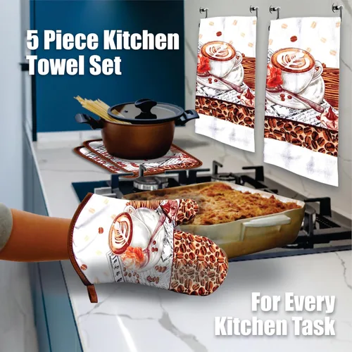 Miniatura 6 de Juego de toallas de cocina Café Latte de 5 piezas – Guante acolchado para horno y 2 agarraderas, perfecto para los amantes del café