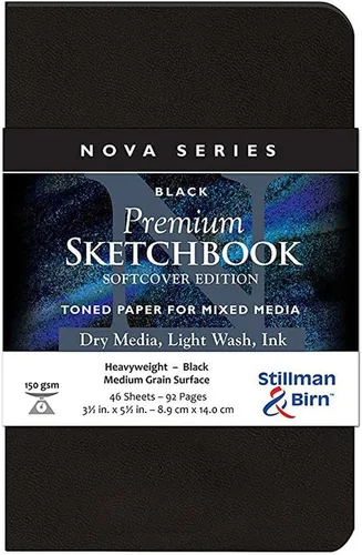 Stillman & Birn Nova Series - Cuaderno de bocetos de tapa blanda negra, 3.5 x 5.5 pulgadas, 150 GSM (pesado), papel negro, superficie de grano medio