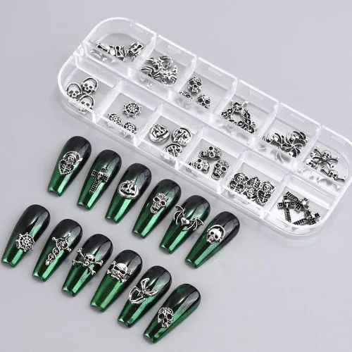 Miniatura 4 de 36 dijes de uñas de Halloween, 12 estilos, plata, forma de calavera, aleación, metal plateado antiguo, decoración de uñas