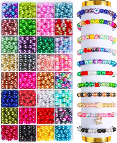 Miniatura 6 de 2400 cuentas de perlas para hacer joyas, 48 coloridas cuentas de perlas redondas de 6mm para kit de hacer pulseras, cuentas pequeñas de perlas