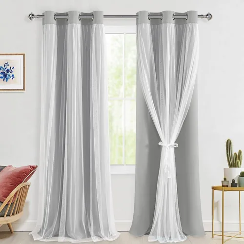 Miniatura 105 de Hiasan Cortinas opacas con superposición transparente, aislamiento térmico para mezclar y combinar de doble capa, cortinas de oscurecimiento de Beige