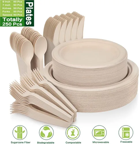 Miniatura 2 de Unves - Juego de 250 platos de papel compostables con utensilios extralargos, juego de vajilla desechable de fibras de caña de azúcar, platos Marrón