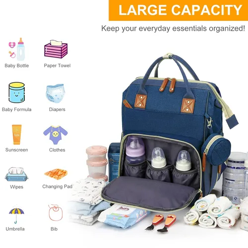 Miniatura 2 de Awanhe Mochila para pañales para bebé con cambiador, bolsas impermeables para niños y niñas, puerto de carga USB, color azul Negro