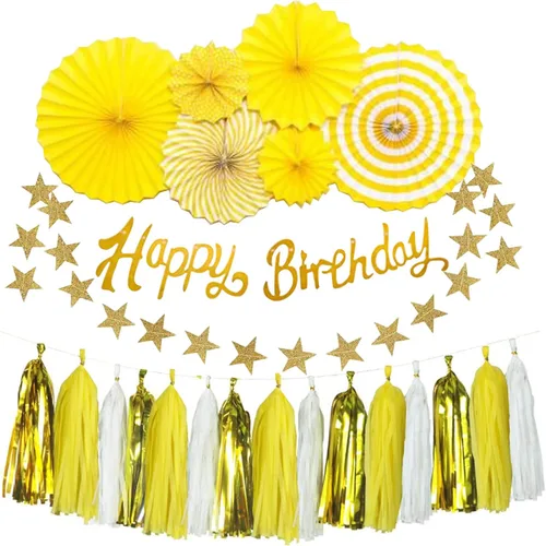 Miniatura 7 de Decoraciones de cumpleaños amarillas para mujer, 33 piezas, decoración de fiesta amarilla para niña con pancarta y abanicos de papel colgantes