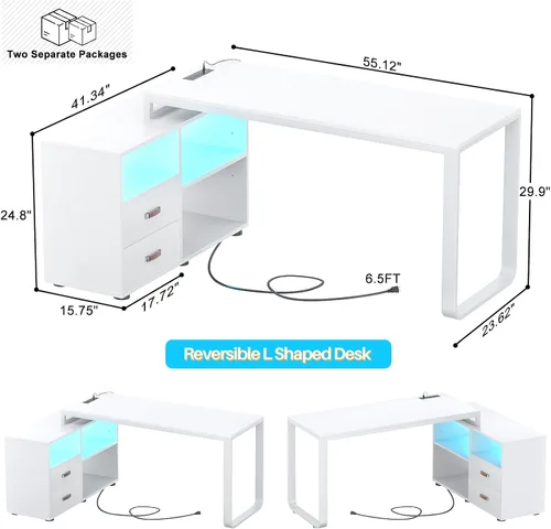 Miniatura 3 de Homieasy Escritorio en forma de L con archivador y toma de corriente, escritorios reversibles de esquina grandes de 55 pulgadas con tira LED