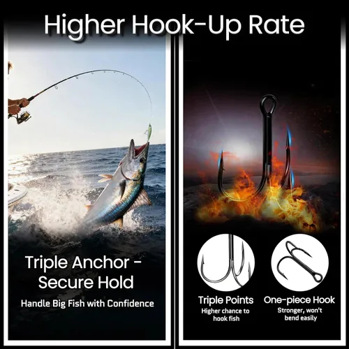 Miniatura 2 de FishTrip 25/10/90/200 anzuelos de pesca, ganchos de pesca triples de acero de alto carbono con ultra brabed afilado para agua salada negro de agua