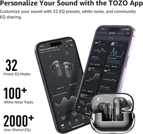 Miniatura 7 de TOZO Crystal Pods - Auriculares inalámbricos híbridos con cancelación activa de ruido, controladores de 0.394 in, graves profundos, 4 micrófonos