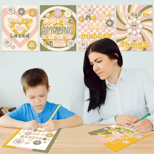 Miniatura 5 de Nezyo 12 pósteres retro Groovy para aula, diseño de flores hippie bohemias, decoración de tablón de anuncios, póster educativo para guardería