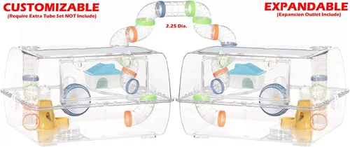 Miniatura 3 de Ratón de hámster acrílico transparente de 2 niveles de lujo, con rueda grande, botella de agua, torre, tazón de comida, esconder la casa, base