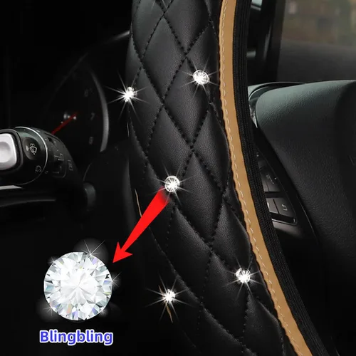 Miniatura 4 de Funda de volante de coche brillante, protector de volante elástico de cuero antideslizante, accesorios de decoración de vehículo con diamantes