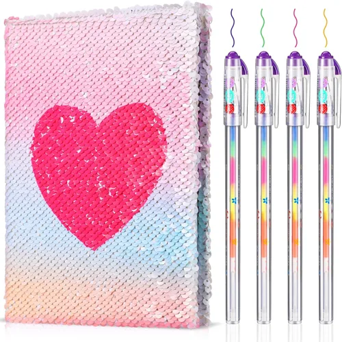 Miniatura 17 de Outus Diario de San Valentín con lentejuelas para niñas, 4 unidades, con bolígrafos de tinta de gel de color, cuaderno con purpurina, diario