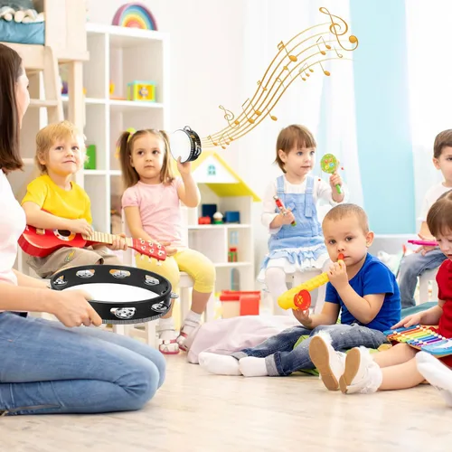 Miniatura 4 de Reginary Pandereta de madera de mano para adultos, 8 unidades, 4 tamaños, de una sola fila, de metal, regalo educativo musical, instrumento de Negro