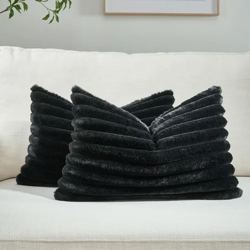 Miniatura 48 de FUTEI - Juego de 2 fundas de almohada decorativas con rayas, cuadradas, para invierno, piel sintética de conejo suave y acogedora y respaldo